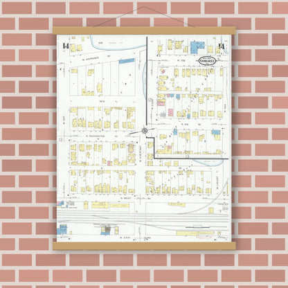 Old map wall art mockup — magnetic wood frame on brick wall — Sanborn Fire Insurance Map from Kankakee, Kankakee County, Illinois (1930), Sheet #0014