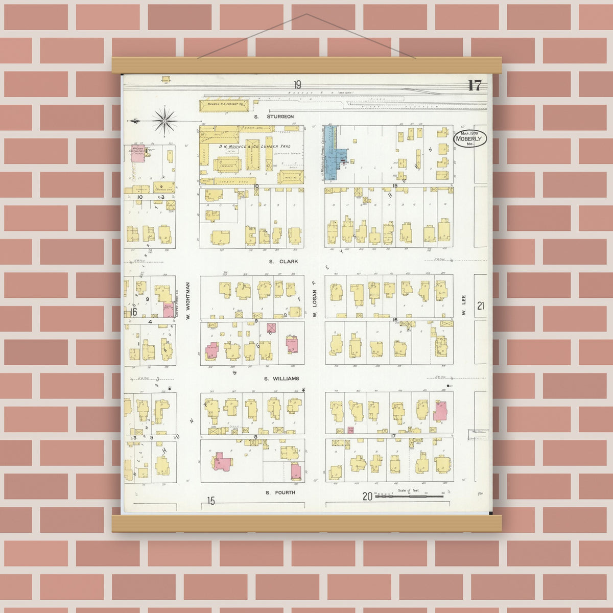 Old map wall art mockup — magnetic wood frame on brick wall — Sanborn Fire Insurance Map from Moberly, Randolph County, Missouri (1909), Sheet #0017