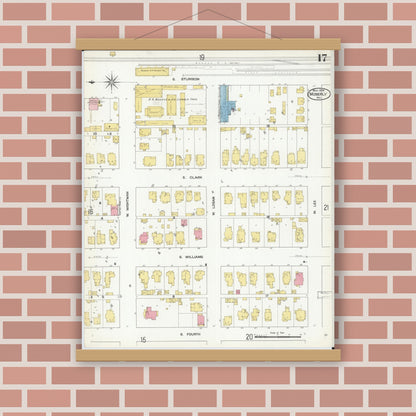 Old map wall art mockup — magnetic wood frame on brick wall — Sanborn Fire Insurance Map from Moberly, Randolph County, Missouri (1909), Sheet #0017