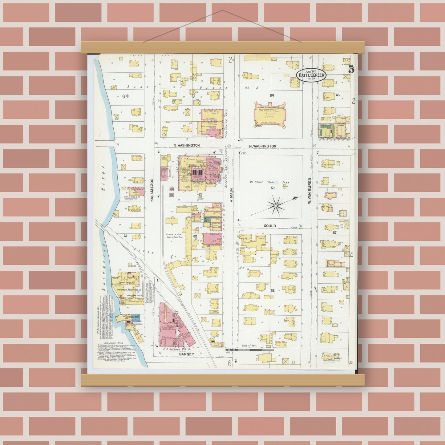 Old map wall art mockup — magnetic wood frame on brick wall — Sanborn Fire Insurance Map from Battle Creek, Calhoun County, Michigan (1902), Sheet #0005