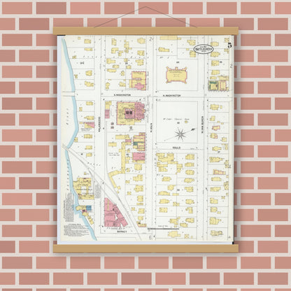 Old map wall art mockup — magnetic wood frame on brick wall — Sanborn Fire Insurance Map from Battle Creek, Calhoun County, Michigan (1902), Sheet #0005