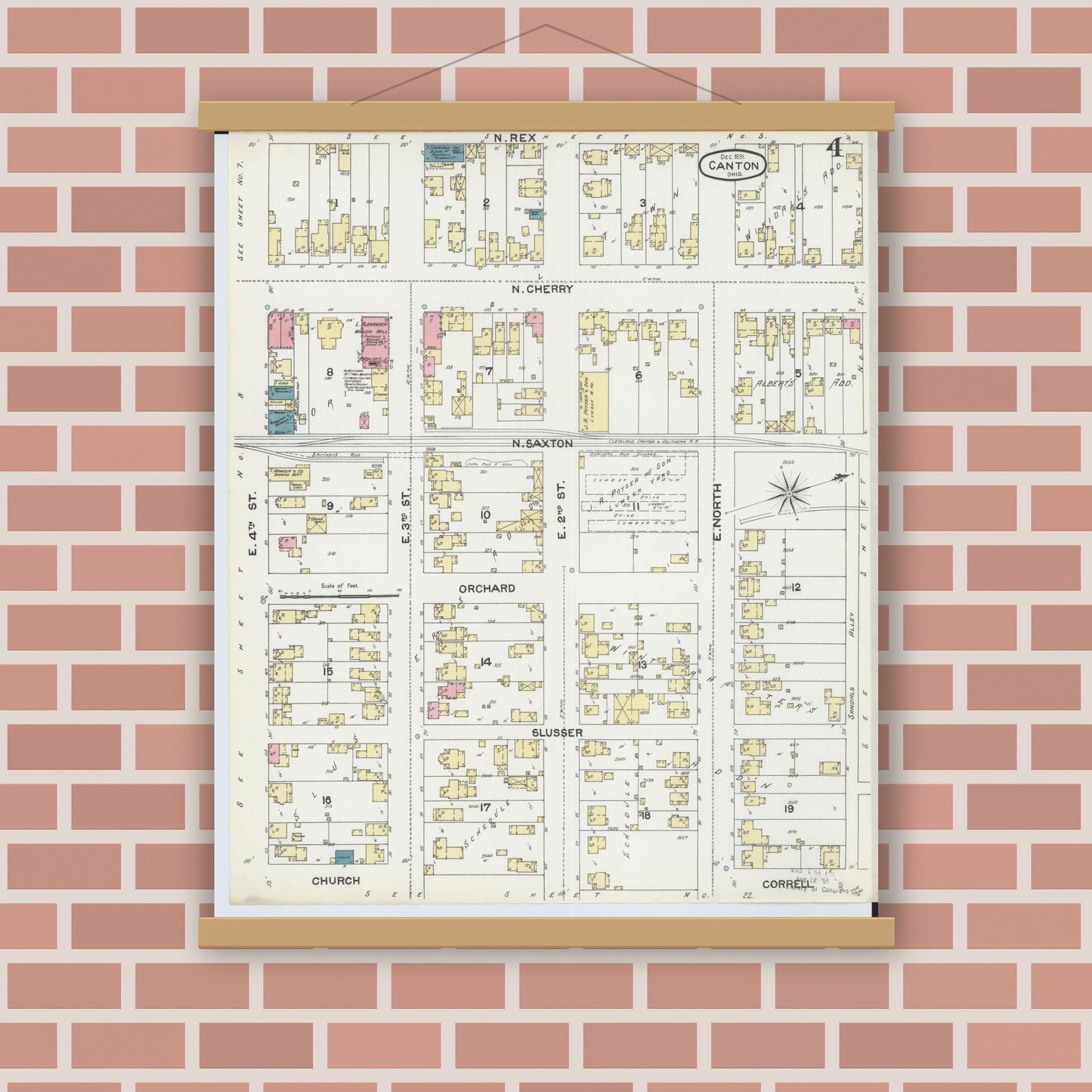 Old map wall art mockup — magnetic wood frame on brick wall — Sanborn Fire Insurance Map from Canton, Stark County, Ohio (1891), Sheet #0004