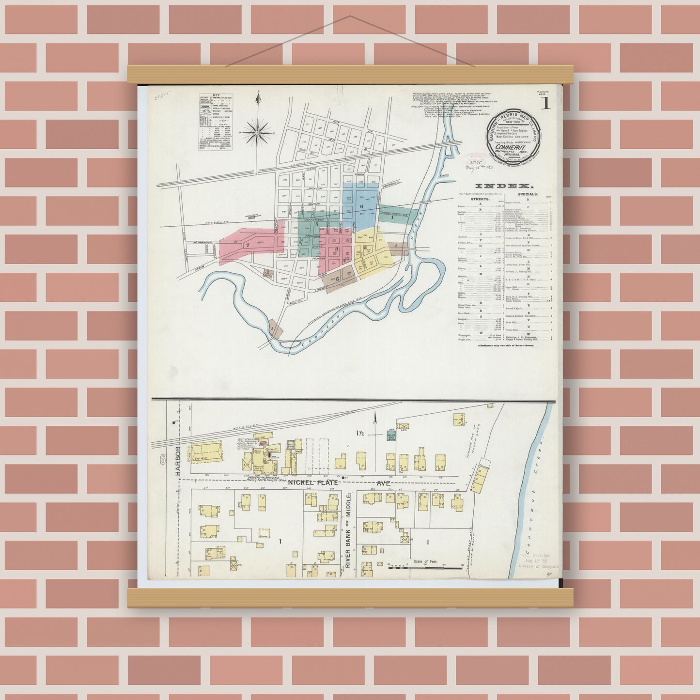 Old map wall art mockup — magnetic wood frame on brick wall — Sanborn Fire Insurance Map from Conneaut, Ashtabula County, Ohio (1893), Sheet #0001