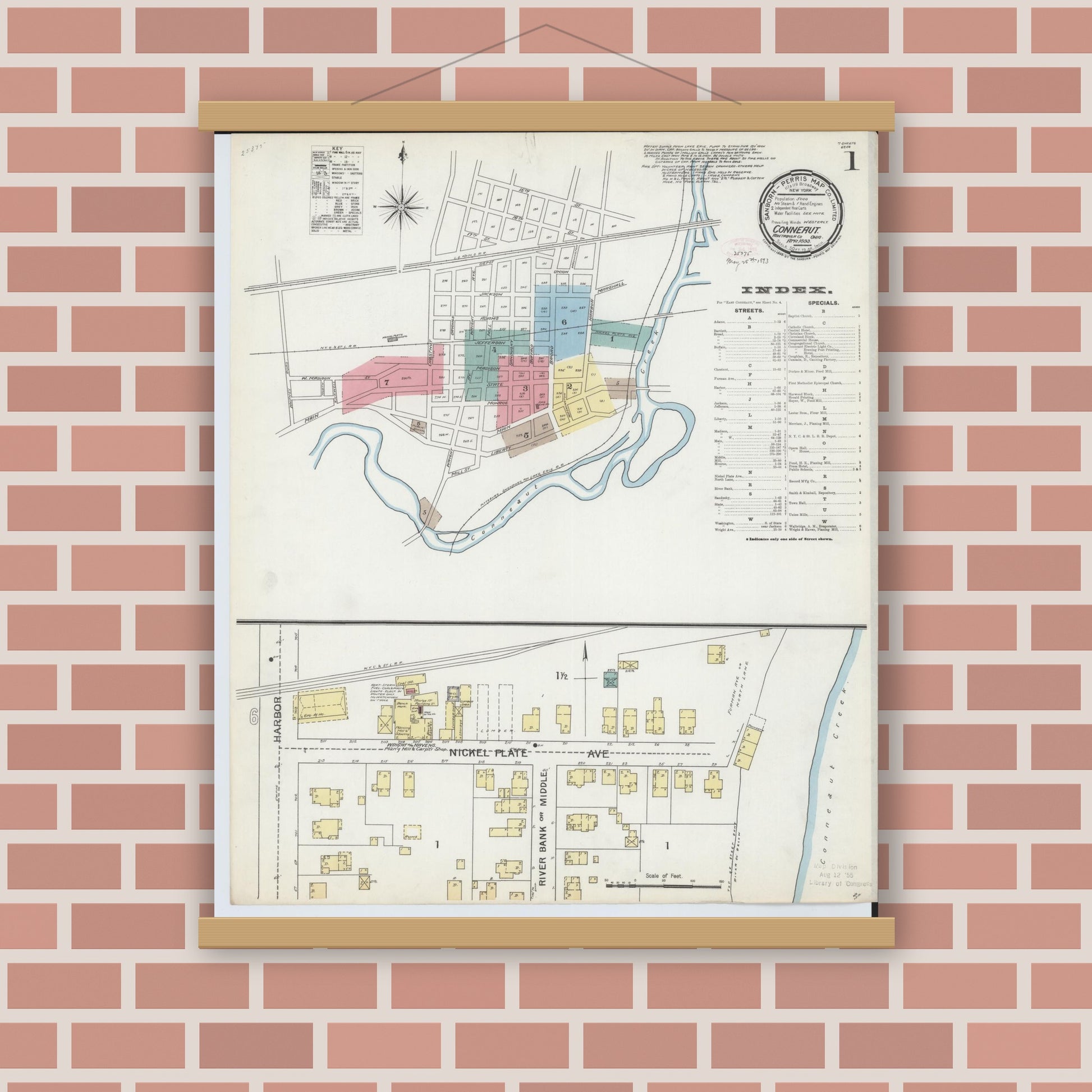 Old map wall art mockup — magnetic wood frame on brick wall — Sanborn Fire Insurance Map from Conneaut, Ashtabula County, Ohio (1893), Sheet #0001