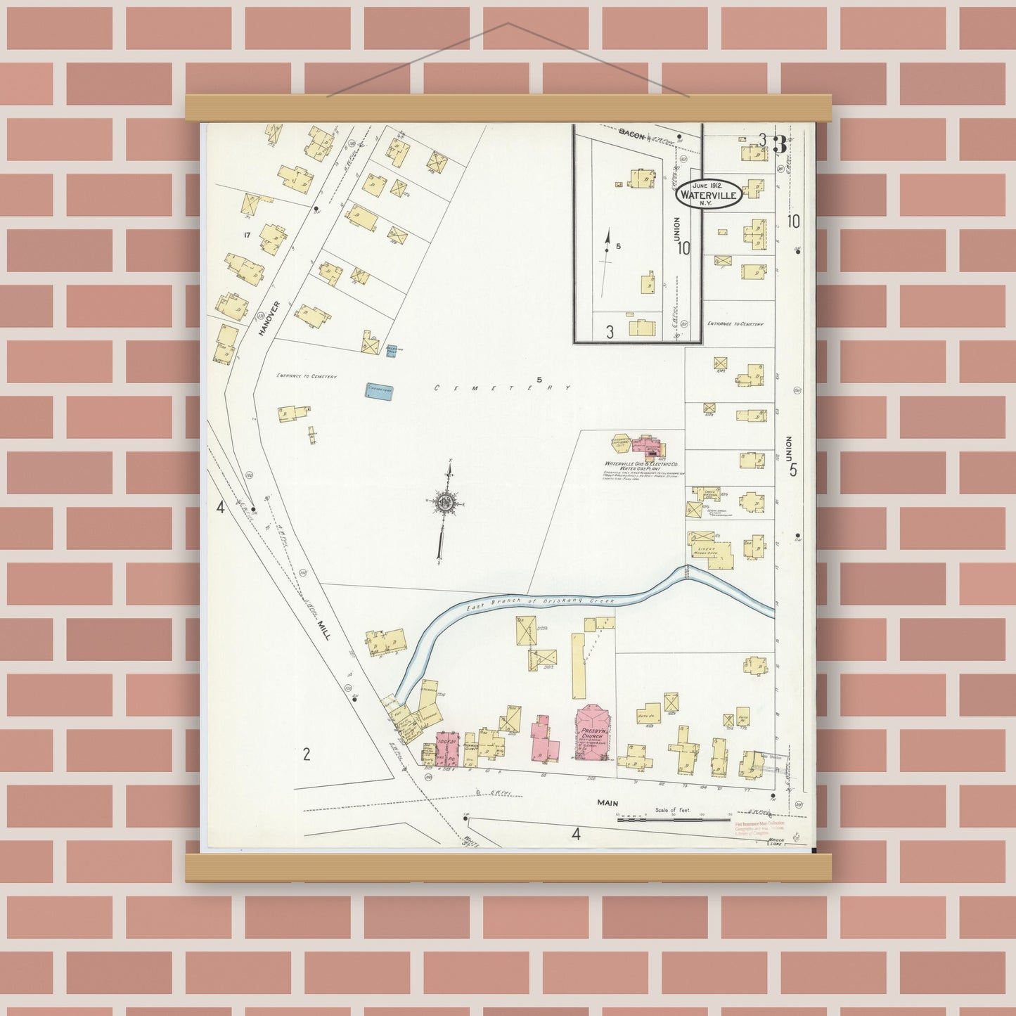 Old map wall art mockup — magnetic wood frame on brick wall — Sanborn Fire Insurance Map from Waterville, Oneida County, New York (1912), Sheet #0003