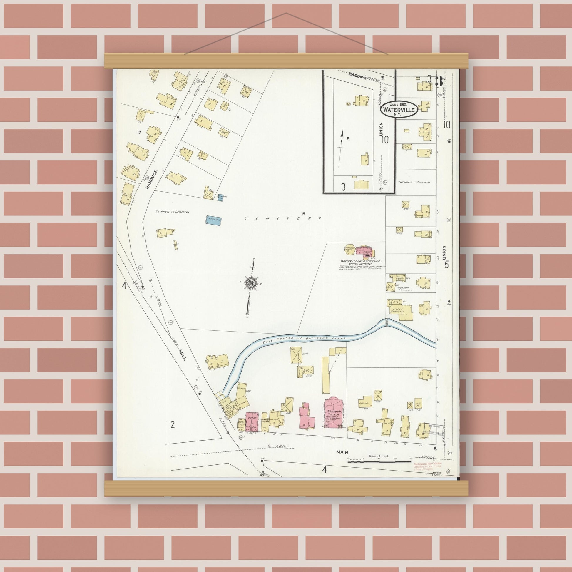 Old map wall art mockup — magnetic wood frame on brick wall — Sanborn Fire Insurance Map from Waterville, Oneida County, New York (1912), Sheet #0003