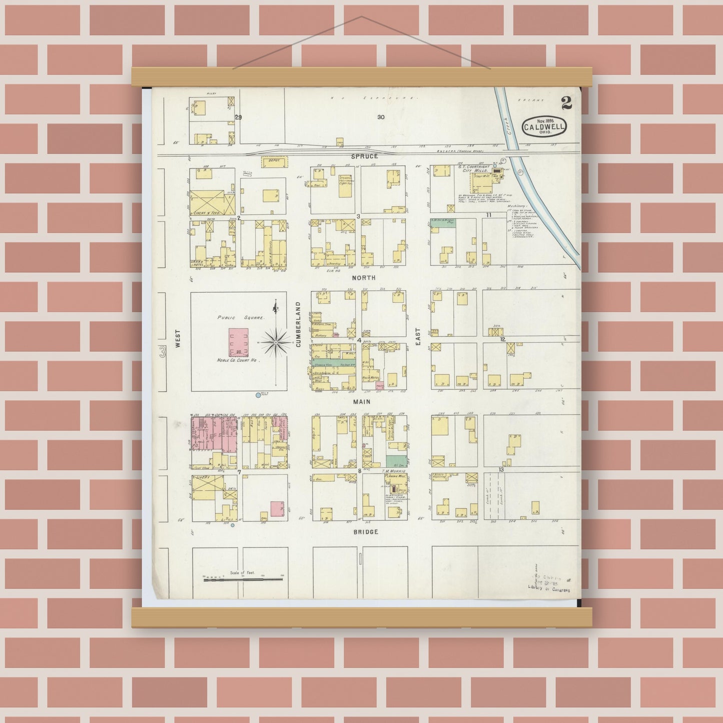 Old map wall art mockup — magnetic wood frame on brick wall — Sanborn Fire Insurance Map from Caldwell, Noble County, Ohio (1895), Sheet #0002