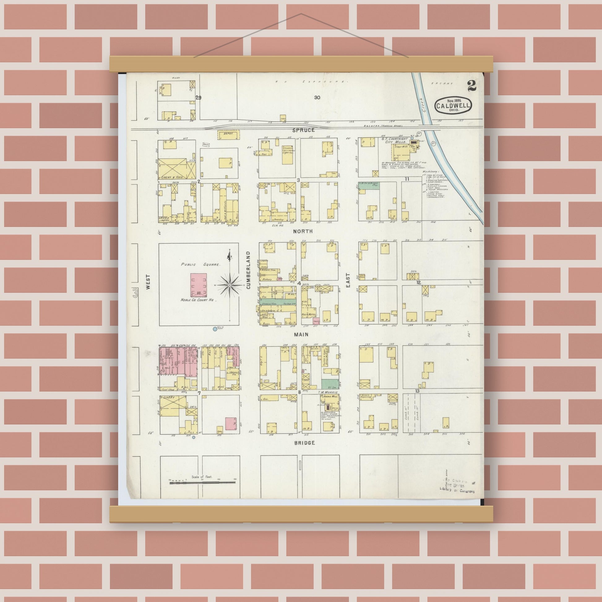 Old map wall art mockup — magnetic wood frame on brick wall — Sanborn Fire Insurance Map from Caldwell, Noble County, Ohio (1895), Sheet #0002
