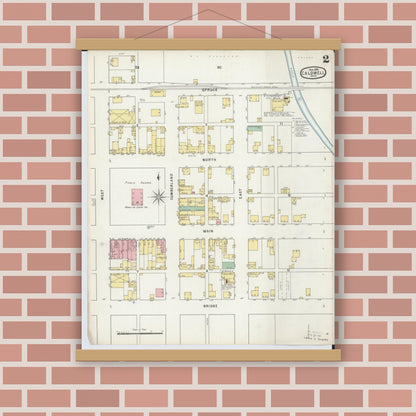 Old map wall art mockup — magnetic wood frame on brick wall — Sanborn Fire Insurance Map from Caldwell, Noble County, Ohio (1895), Sheet #0002