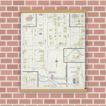 Old map wall art mockup — magnetic wood frame on brick wall — Sanborn Fire Insurance Map from Bellaire, Antrim County, Michigan (1920), Sheet #0002