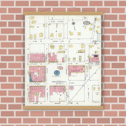 Old map wall art mockup — magnetic wood frame on brick wall — Sanborn Fire Insurance Map from Cameron, Milam County, Texas (1920), Sheet #0002