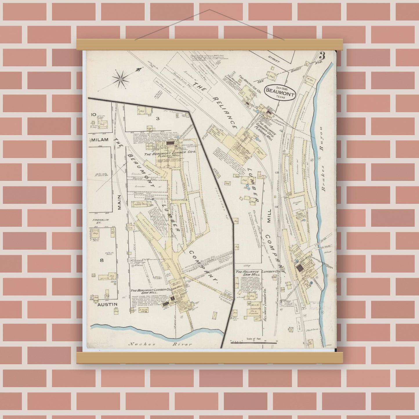 Old map wall art mockup — magnetic wood frame on brick wall — Sanborn Fire Insurance Map from Beaumont, Jefferson County, Texas (1885), Sheet #0003