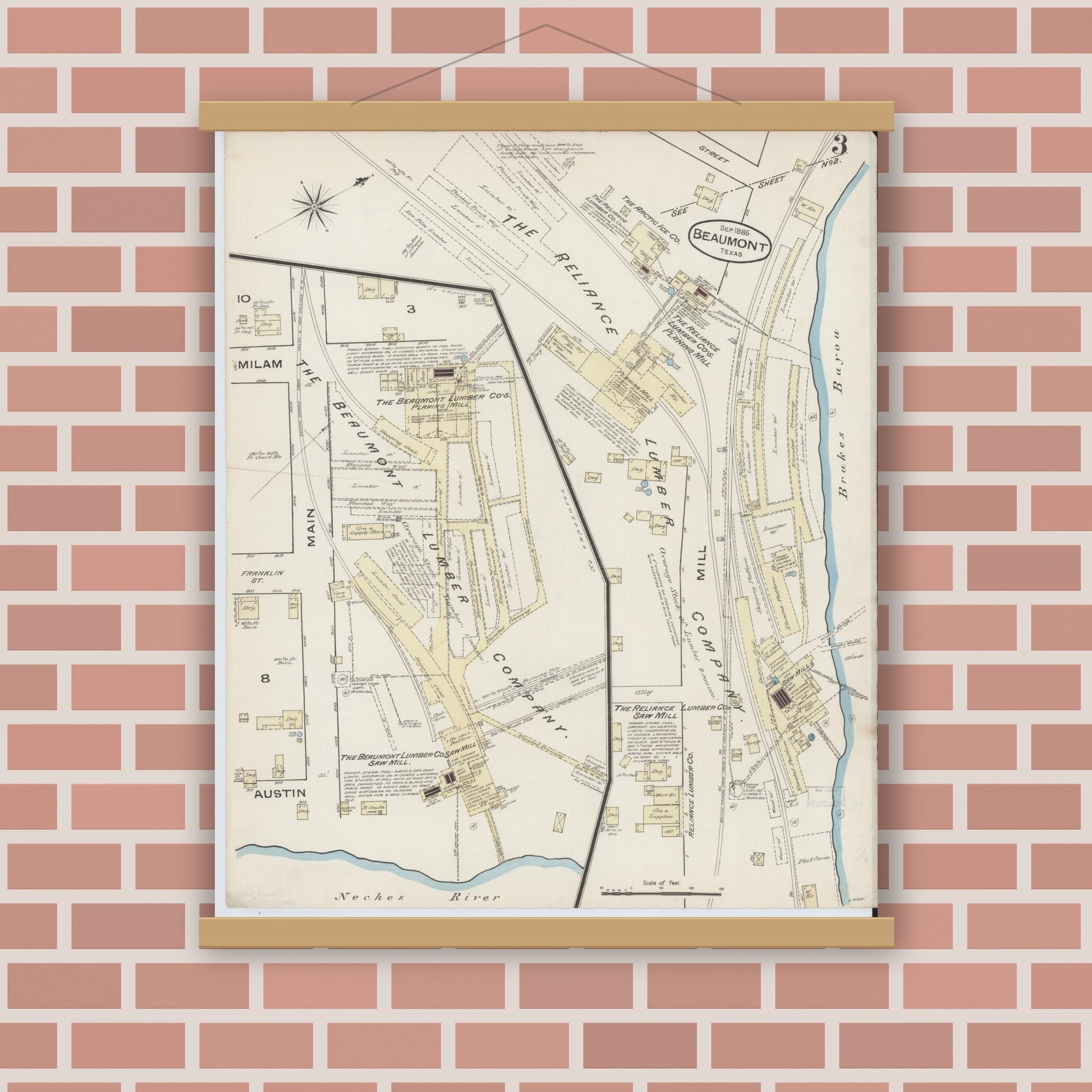 Old map wall art mockup — magnetic wood frame on brick wall — Sanborn Fire Insurance Map from Beaumont, Jefferson County, Texas (1885), Sheet #0003