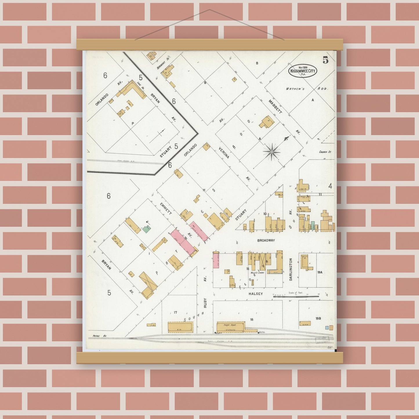 Old map wall art mockup — magnetic wood frame on brick wall — Sanborn Fire Insurance Map from Kissimmee, Osceola County, Florida (1899), Sheet #0005