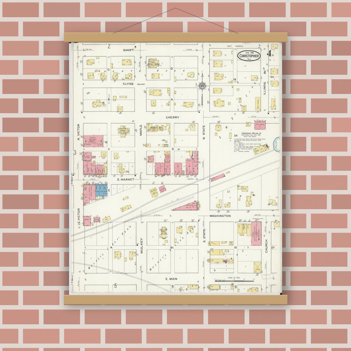 Old map wall art mockup — magnetic wood frame on brick wall — Sanborn Fire Insurance Map from Christopher, Franklin County, Illinois (1916), Sheet #0004