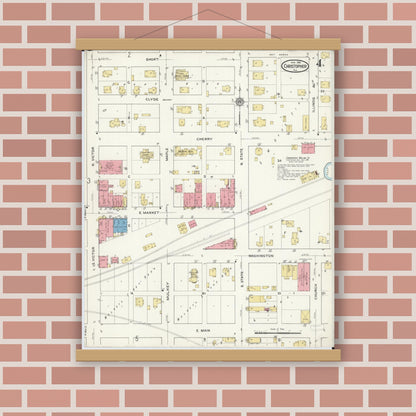 Old map wall art mockup — magnetic wood frame on brick wall — Sanborn Fire Insurance Map from Christopher, Franklin County, Illinois (1916), Sheet #0004