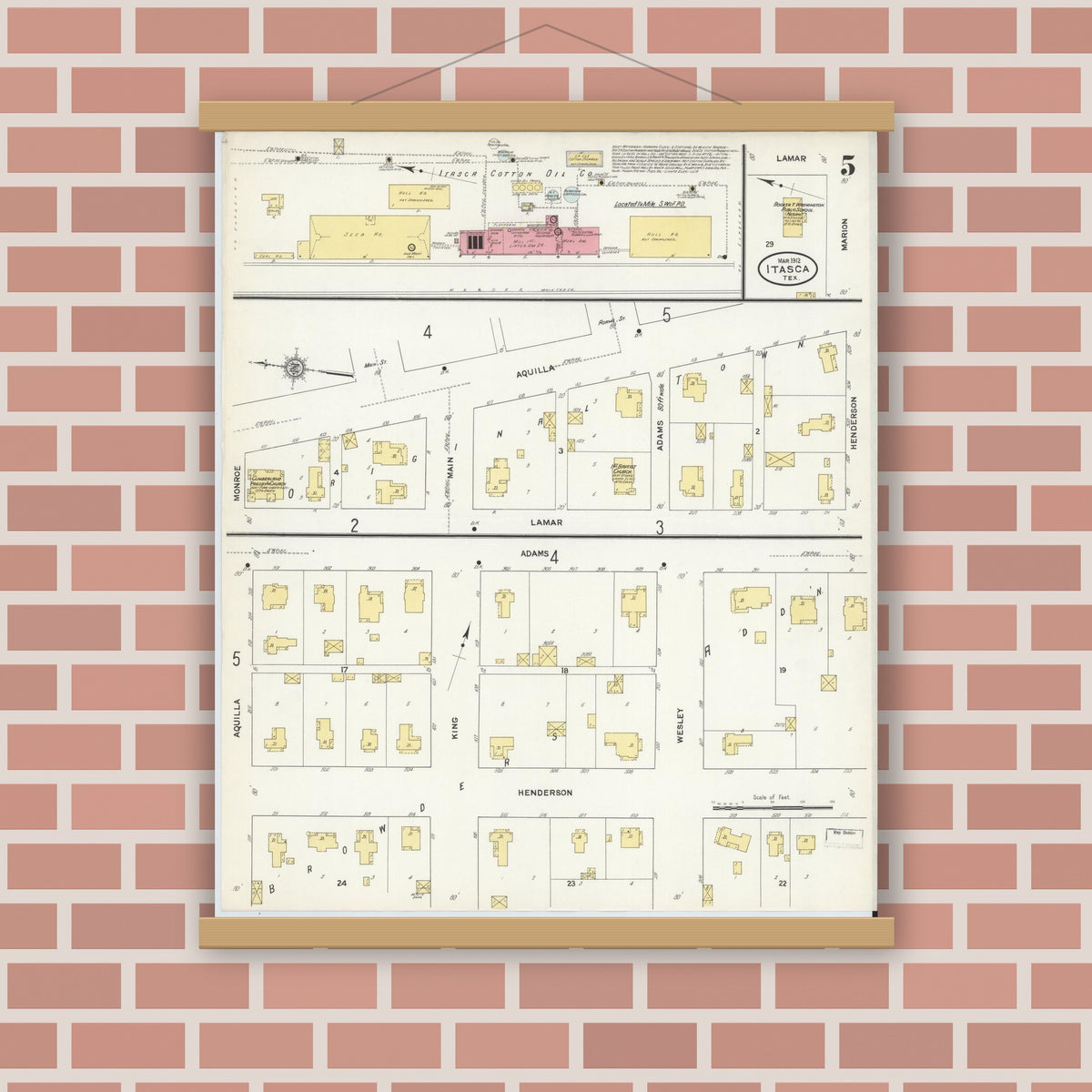 Old map wall art mockup — magnetic wood frame on brick wall — Sanborn Fire Insurance Map from Itasca, Hill County, Texas (1912), Sheet #0005