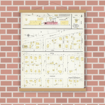 Old map wall art mockup — magnetic wood frame on brick wall — Sanborn Fire Insurance Map from Itasca, Hill County, Texas (1912), Sheet #0005