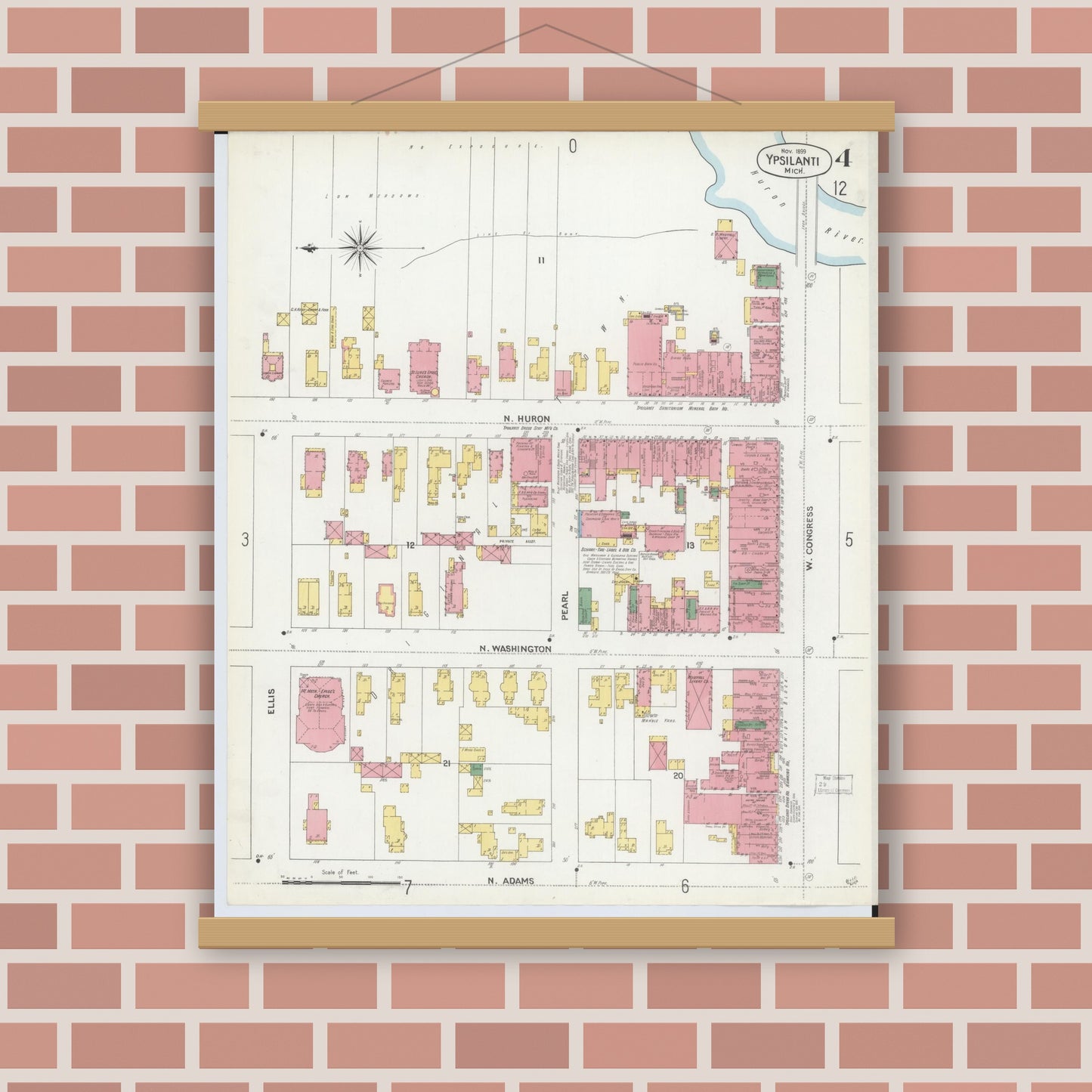 Old map wall art mockup — magnetic wood frame on brick wall — Sanborn Fire Insurance Map from Ypsilanti, Washtenaw County, Michigan (1899), Sheet #0004