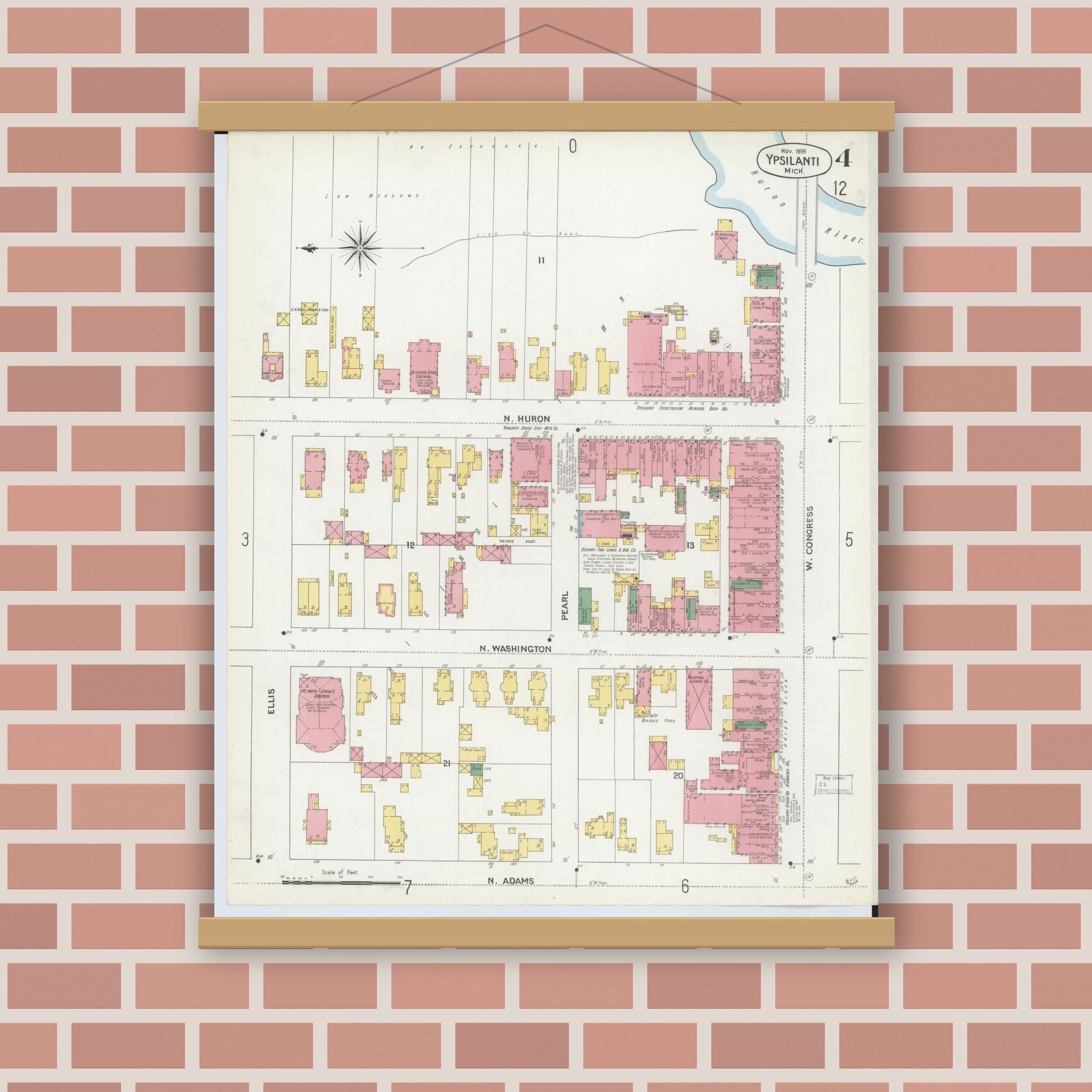 Old map wall art mockup — magnetic wood frame on brick wall — Sanborn Fire Insurance Map from Ypsilanti, Washtenaw County, Michigan (1899), Sheet #0004