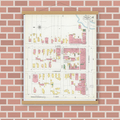 Old map wall art mockup — magnetic wood frame on brick wall — Sanborn Fire Insurance Map from Ypsilanti, Washtenaw County, Michigan (1899), Sheet #0004