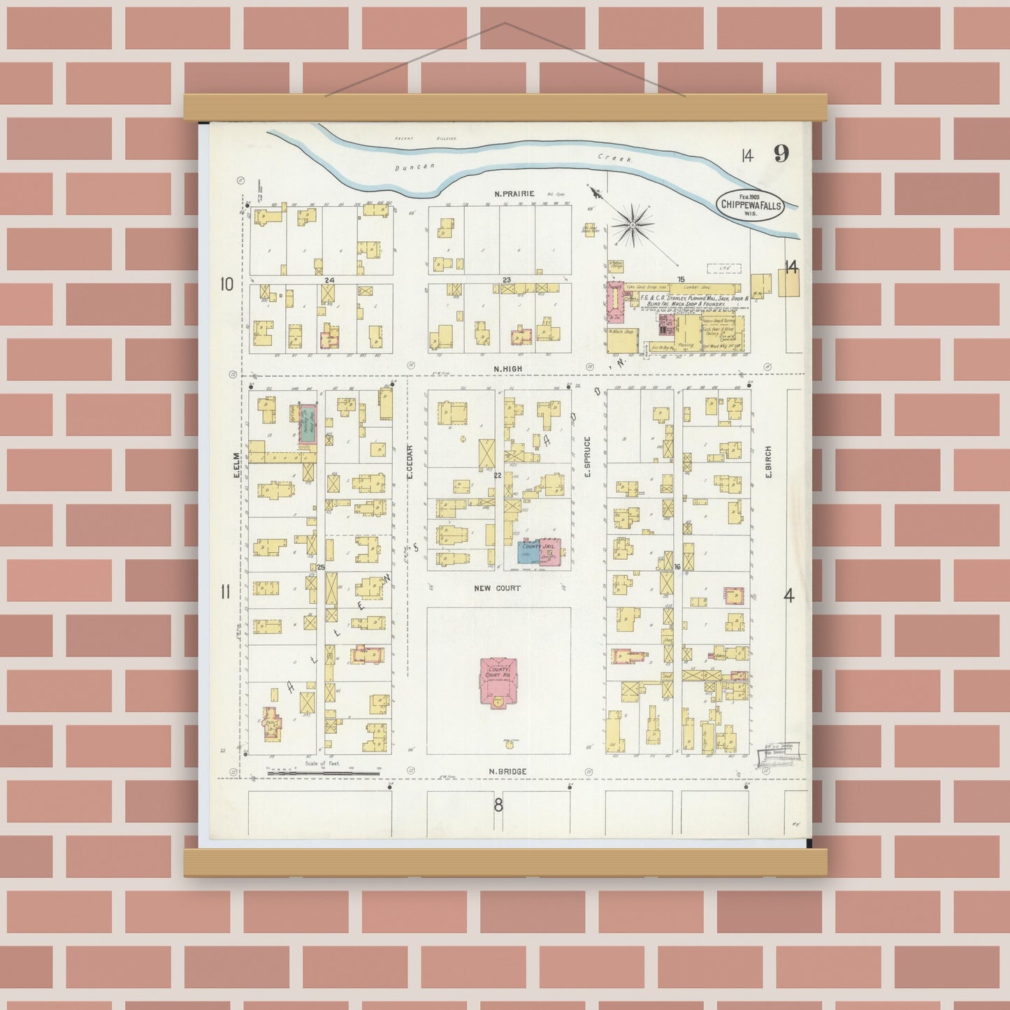Old map wall art mockup — magnetic wood frame on brick wall — Sanborn Fire Insurance Map from Chippewa Falls, Chippewa County, Wisconsin (1903), Sheet #0009