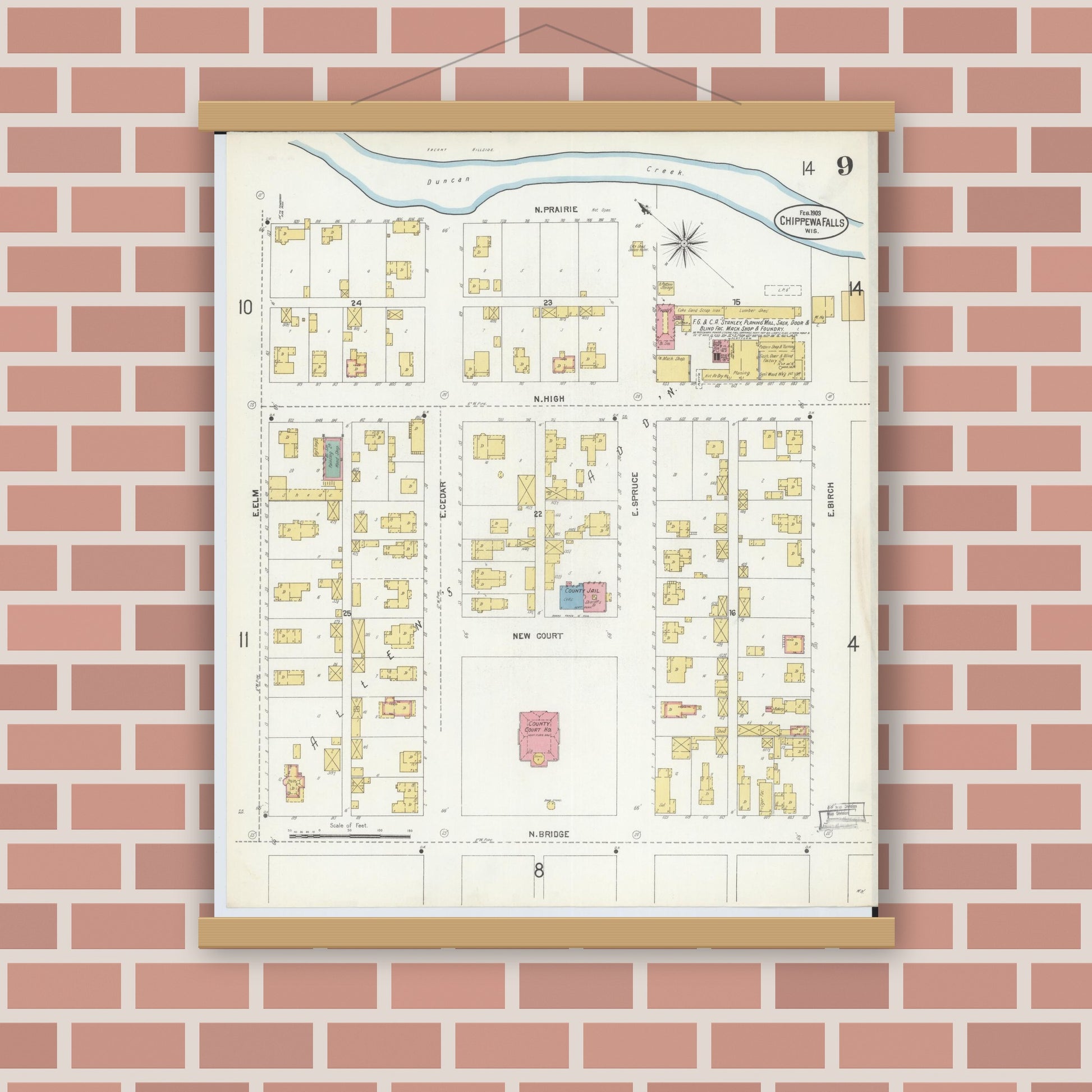 Old map wall art mockup — magnetic wood frame on brick wall — Sanborn Fire Insurance Map from Chippewa Falls, Chippewa County, Wisconsin (1903), Sheet #0009