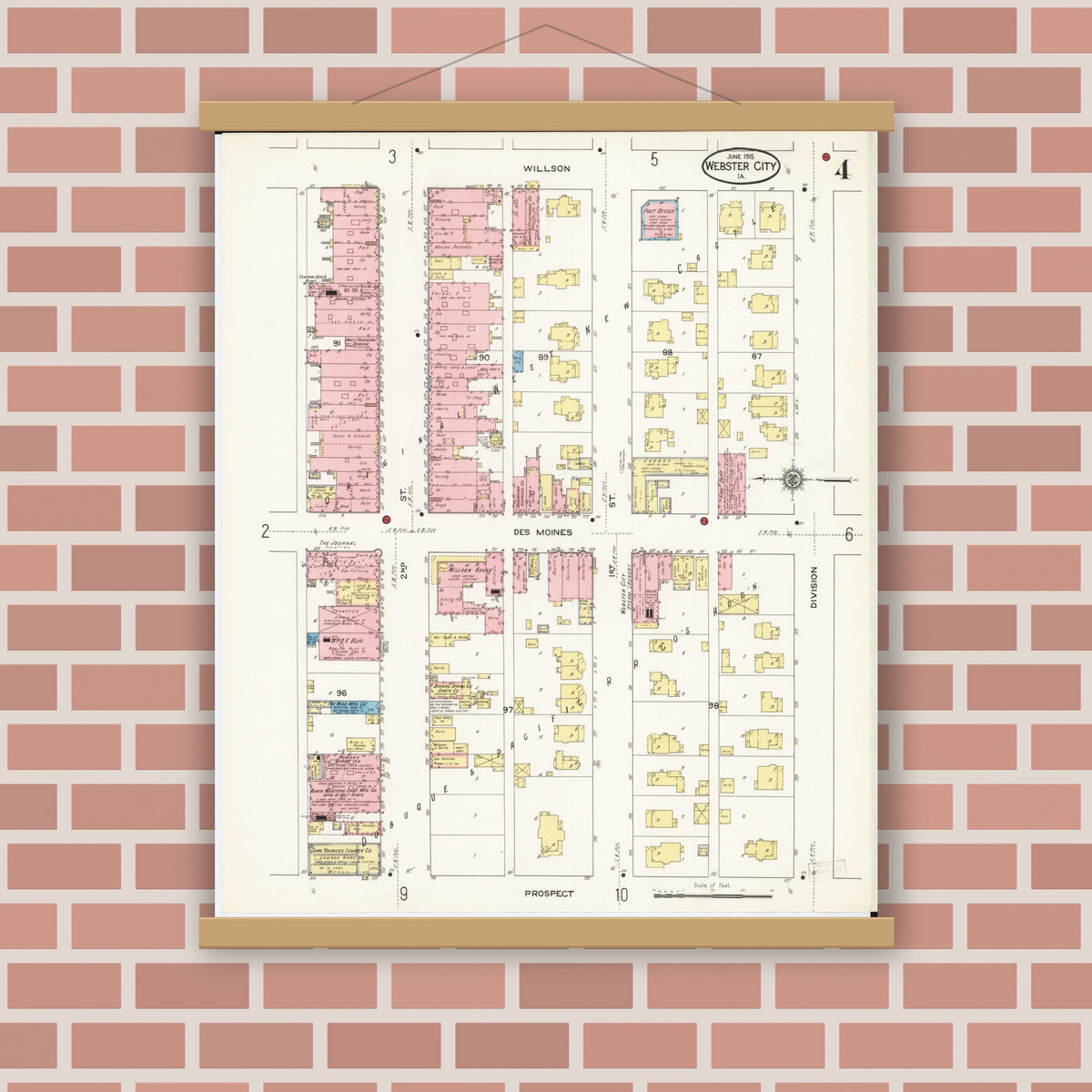 Old map wall art mockup — magnetic wood frame on brick wall — Sanborn Fire Insurance Map from Webster City, Hamilton County, Iowa (1915), Sheet #0004