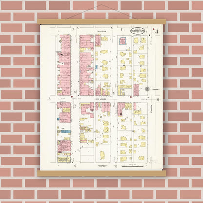 Old map wall art mockup — magnetic wood frame on brick wall — Sanborn Fire Insurance Map from Webster City, Hamilton County, Iowa (1915), Sheet #0004