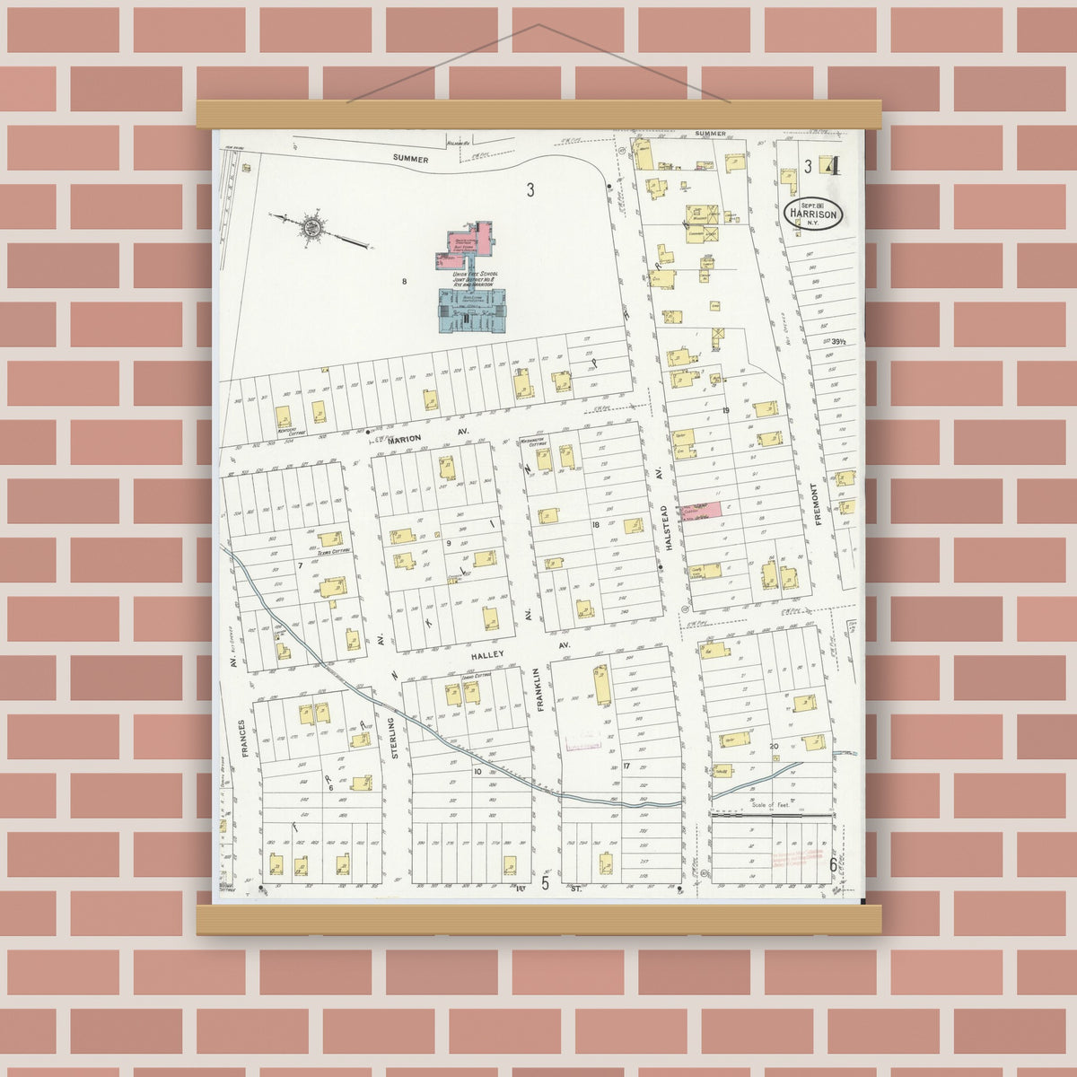 Old map wall art mockup — magnetic wood frame on brick wall — Sanborn Fire Insurance Map from Harrison, Westchester County, New York (1911), Sheet #0004