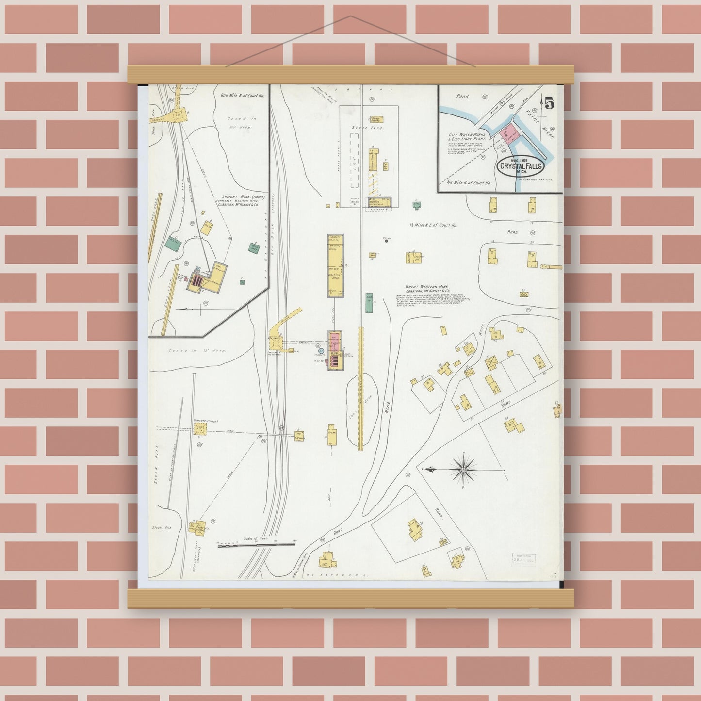 Old map wall art mockup — magnetic wood frame on brick wall — Sanborn Fire Insurance Map from Crystal Falls, Iron County, Michigan (1904), Sheet #0005