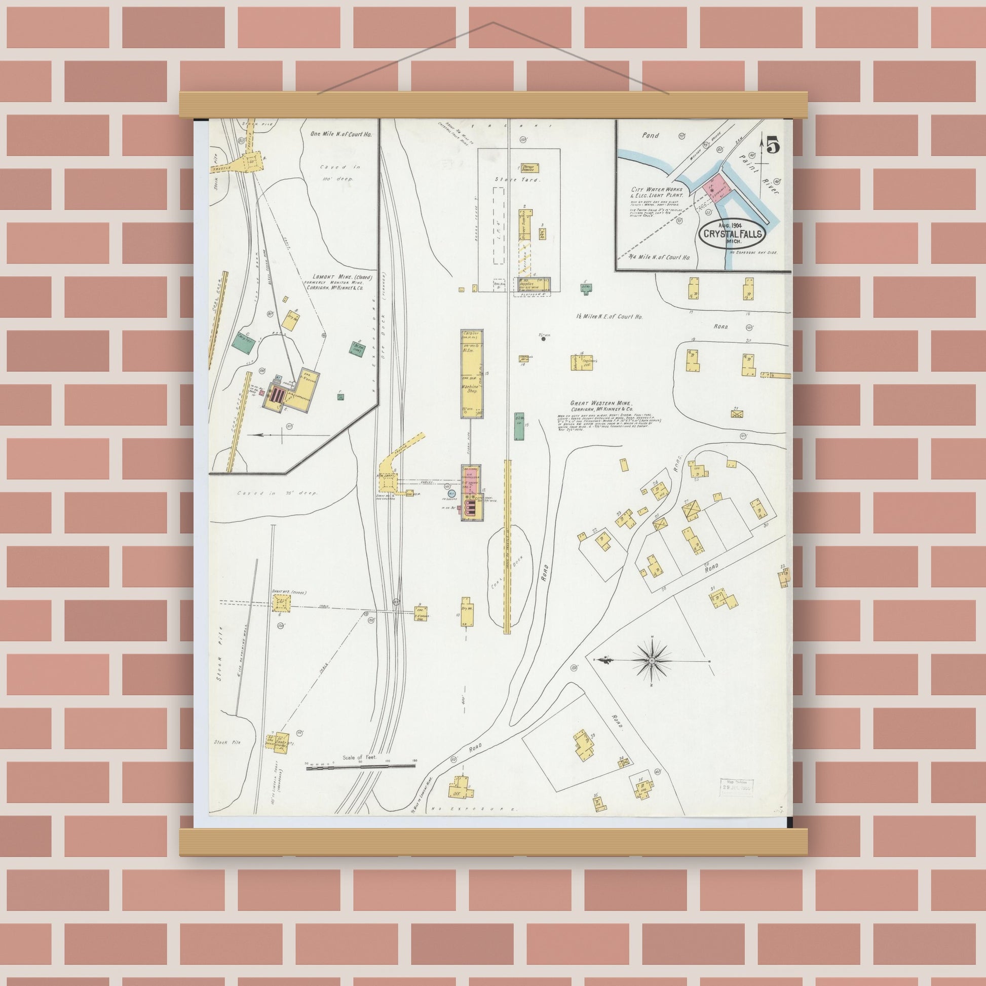 Old map wall art mockup — magnetic wood frame on brick wall — Sanborn Fire Insurance Map from Crystal Falls, Iron County, Michigan (1904), Sheet #0005