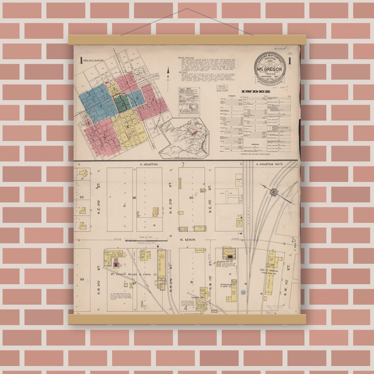 Old map wall art mockup — magnetic wood frame on brick wall — Sanborn Fire Insurance Map from McGregor, McLennan County, Texas (1922), Sheet #0001