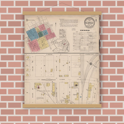 Old map wall art mockup — magnetic wood frame on brick wall — Sanborn Fire Insurance Map from McGregor, McLennan County, Texas (1922), Sheet #0001