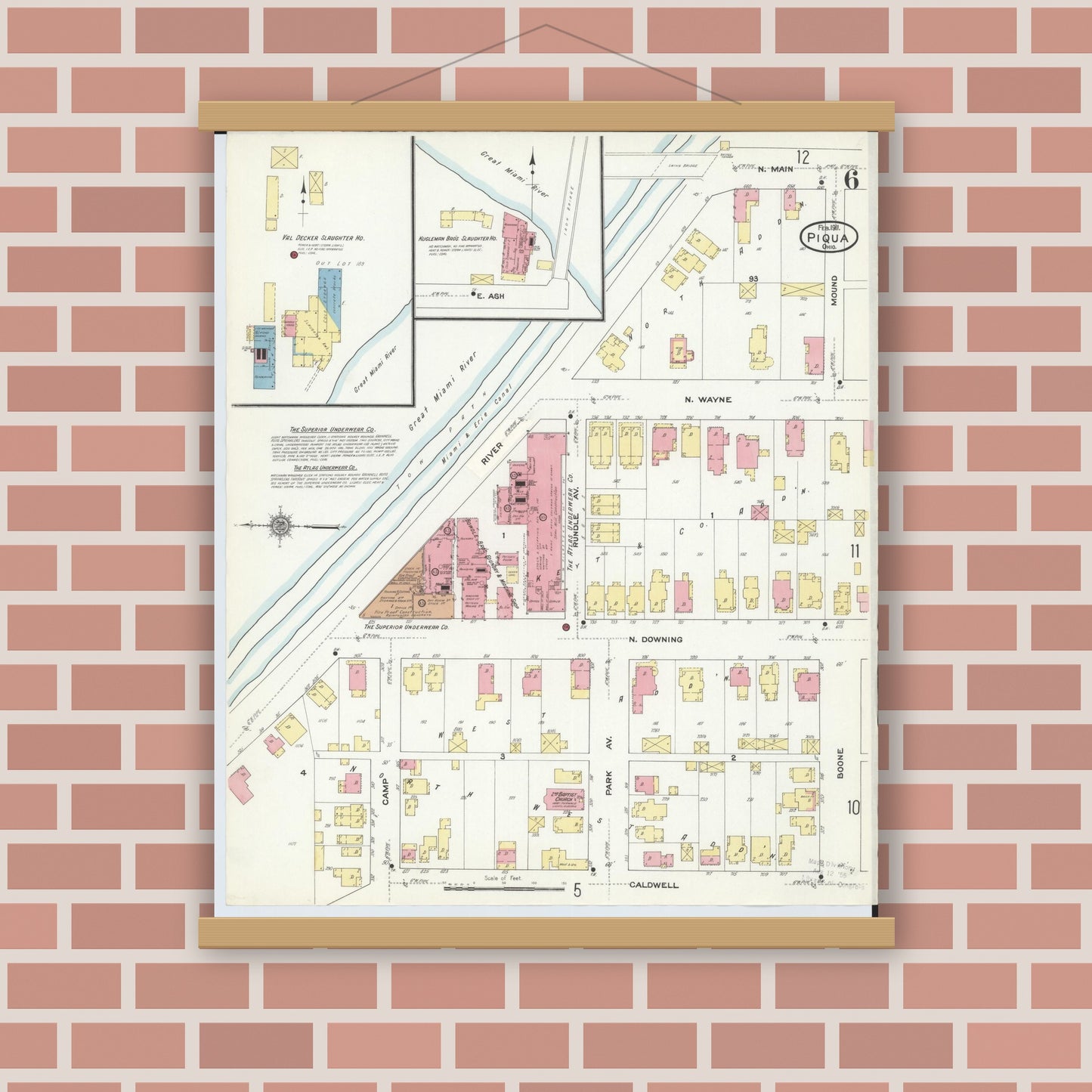 Old map wall art mockup — magnetic wood frame on brick wall — Sanborn Fire Insurance Map from Piqua, Miami County, Ohio (1911), Sheet #0006