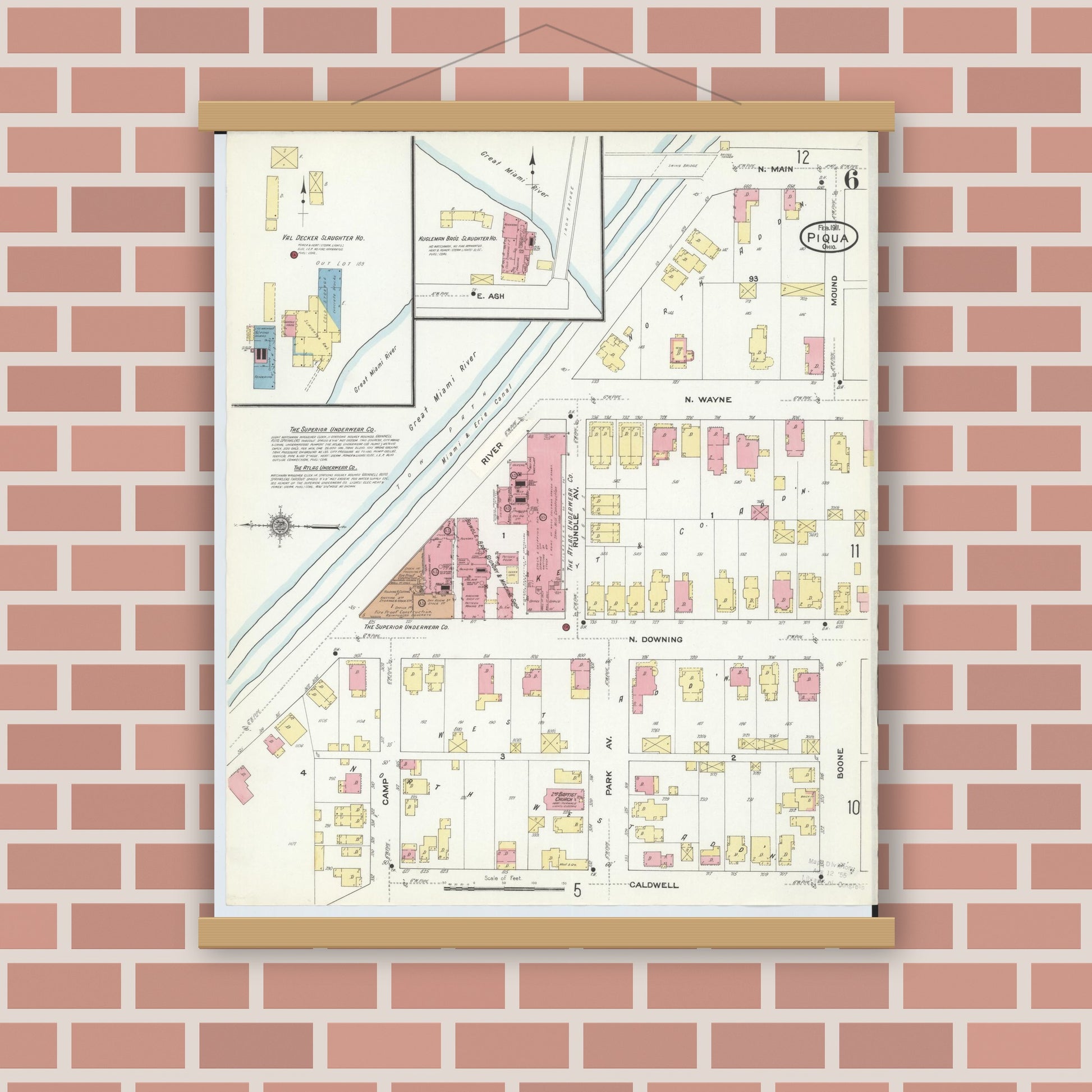 Old map wall art mockup — magnetic wood frame on brick wall — Sanborn Fire Insurance Map from Piqua, Miami County, Ohio (1911), Sheet #0006