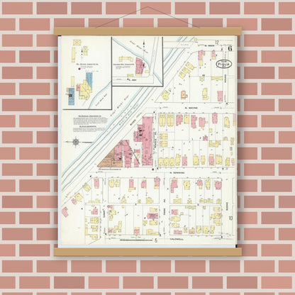 Old map wall art mockup — magnetic wood frame on brick wall — Sanborn Fire Insurance Map from Piqua, Miami County, Ohio (1911), Sheet #0006
