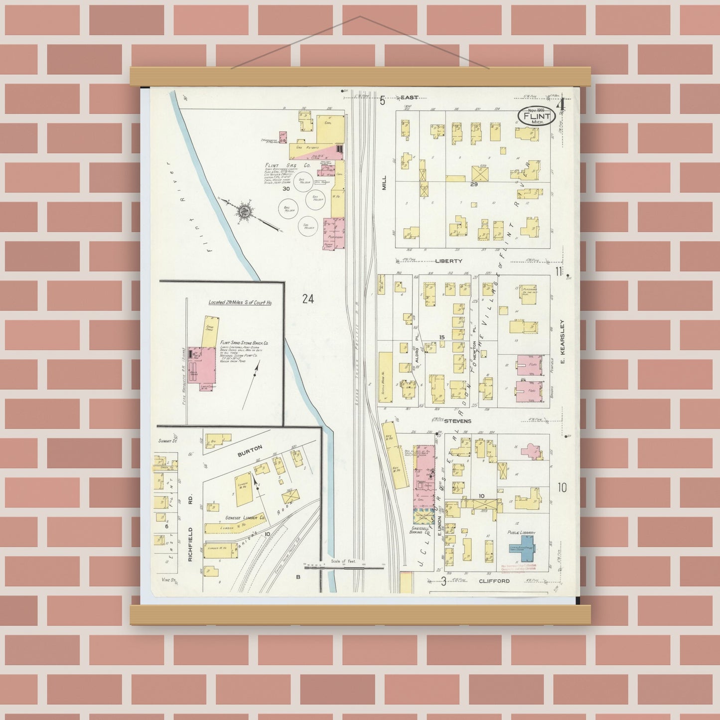 Old map wall art mockup — magnetic wood frame on brick wall — Sanborn Fire Insurance Map from Flint, Genesee County, Michigan (1909), Sheet #0004