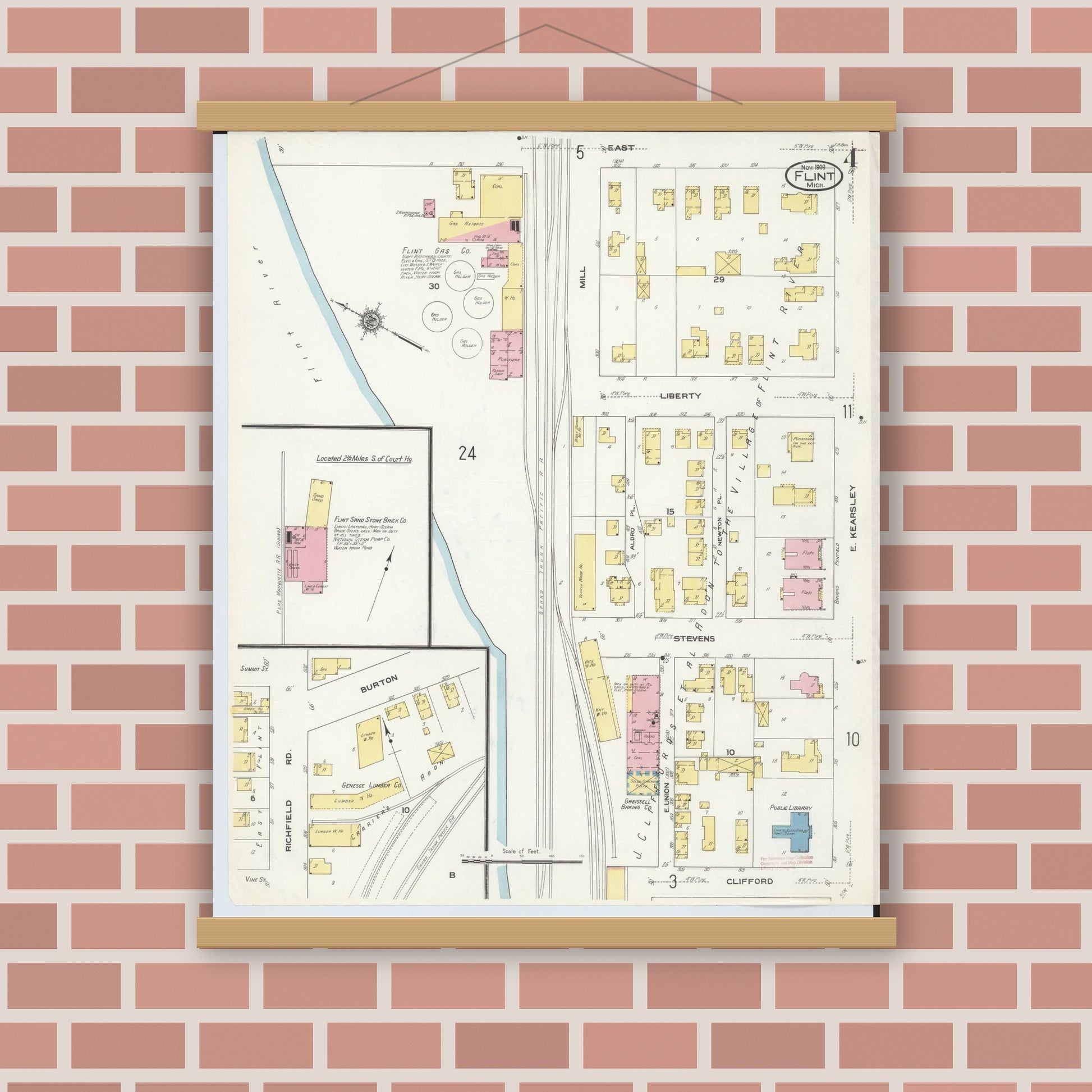 Old map wall art mockup — magnetic wood frame on brick wall — Sanborn Fire Insurance Map from Flint, Genesee County, Michigan (1909), Sheet #0004