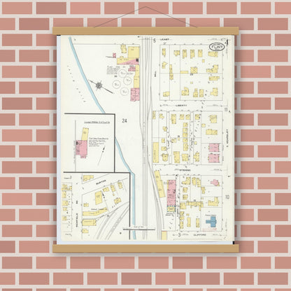 Old map wall art mockup — magnetic wood frame on brick wall — Sanborn Fire Insurance Map from Flint, Genesee County, Michigan (1909), Sheet #0004