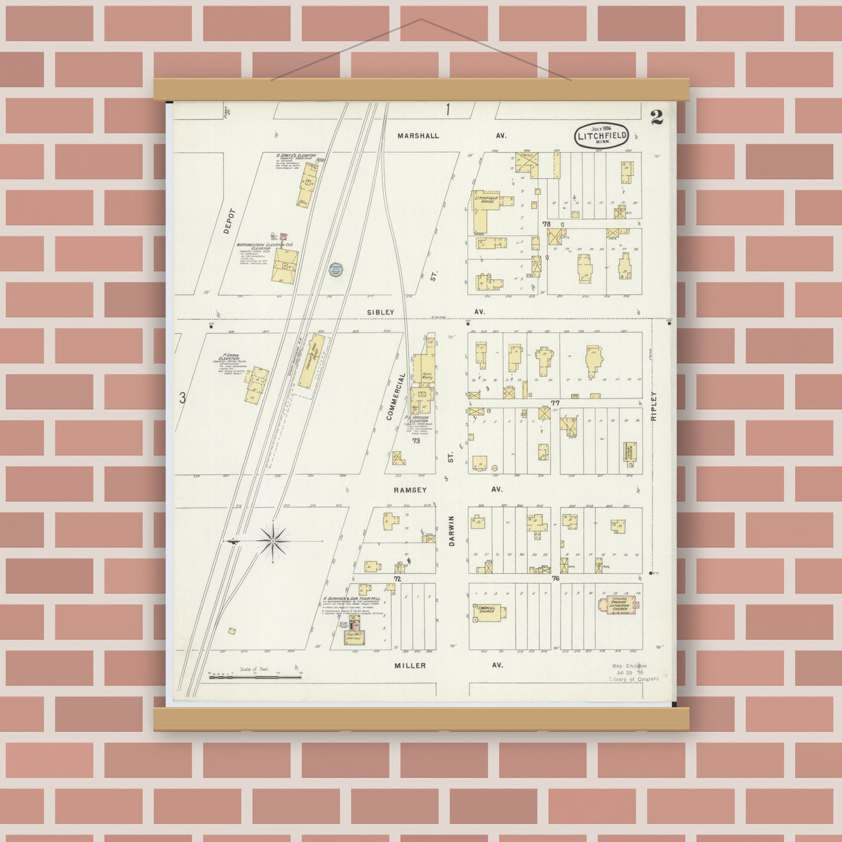 Old map wall art mockup — magnetic wood frame on brick wall — Sanborn Fire Insurance Map from Litchfield, Meeker County, Minnesota (1896), Sheet #0002