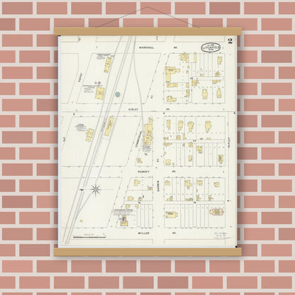 Old map wall art mockup — magnetic wood frame on brick wall — Sanborn Fire Insurance Map from Litchfield, Meeker County, Minnesota (1896), Sheet #0002