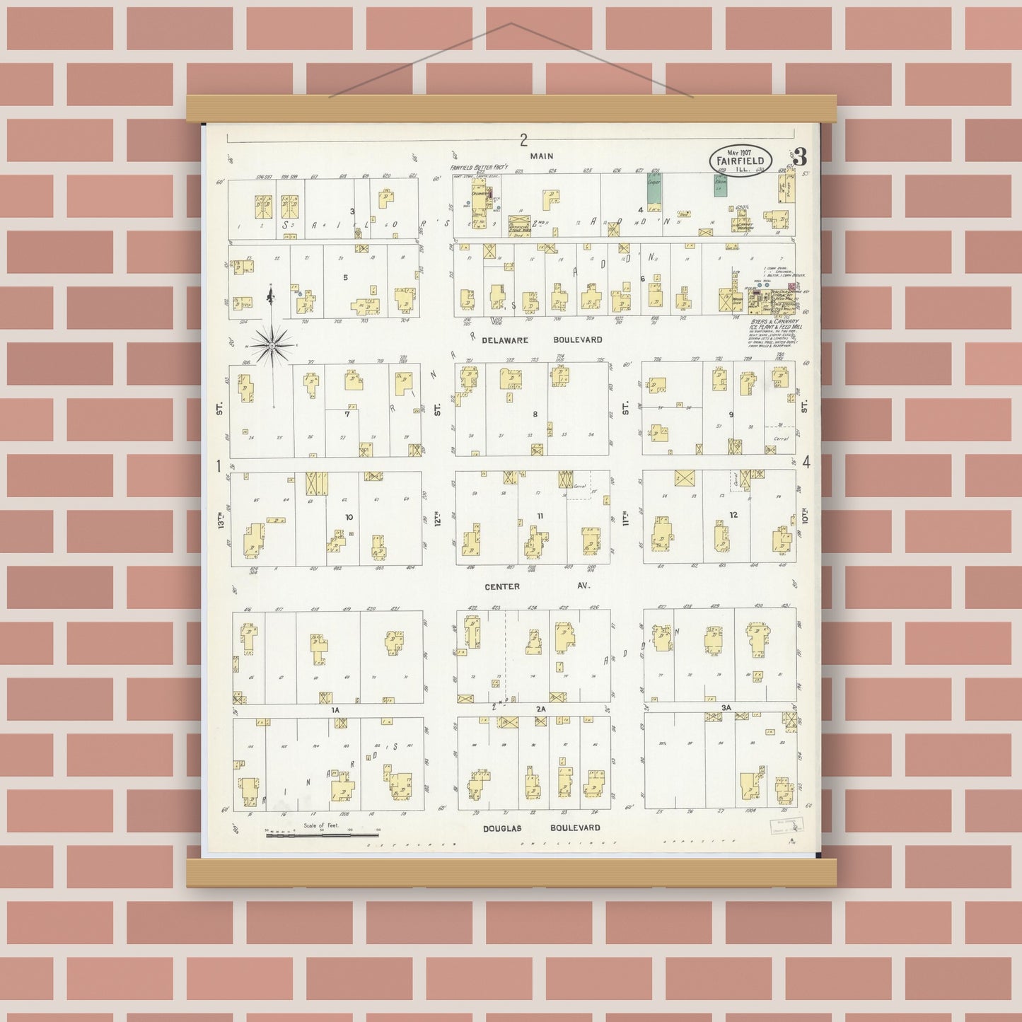 Old map wall art mockup — magnetic wood frame on brick wall — Sanborn Fire Insurance Map from Fairfield, Wayne County, Illinois (1907), Sheet #0003