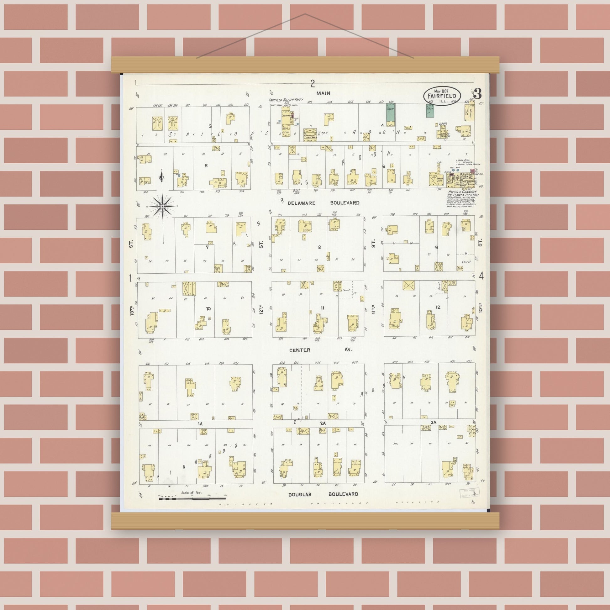 Old map wall art mockup — magnetic wood frame on brick wall — Sanborn Fire Insurance Map from Fairfield, Wayne County, Illinois (1907), Sheet #0003