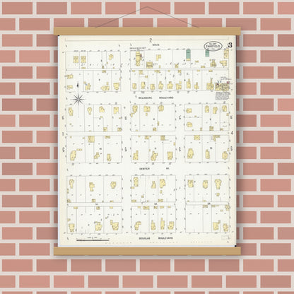 Old map wall art mockup — magnetic wood frame on brick wall — Sanborn Fire Insurance Map from Fairfield, Wayne County, Illinois (1907), Sheet #0003