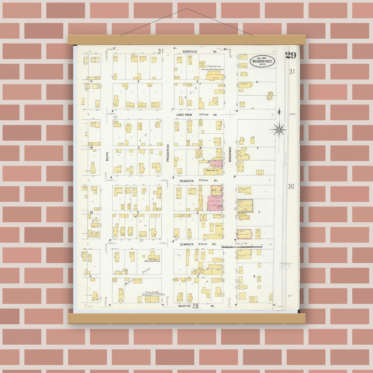 Old map wall art mockup — magnetic wood frame on brick wall — Sanborn Fire Insurance Map from Menominee, Menominee County, Michigan (1907), Sheet #0029