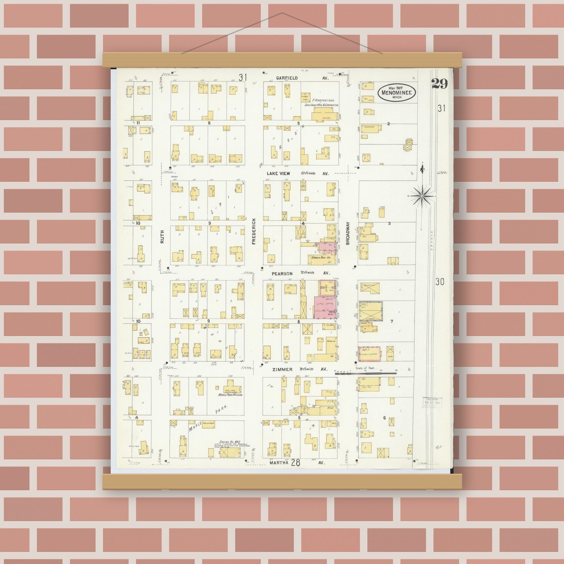 Old map wall art mockup — magnetic wood frame on brick wall — Sanborn Fire Insurance Map from Menominee, Menominee County, Michigan (1907), Sheet #0029