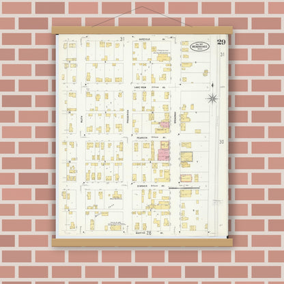 Old map wall art mockup — magnetic wood frame on brick wall — Sanborn Fire Insurance Map from Menominee, Menominee County, Michigan (1907), Sheet #0029