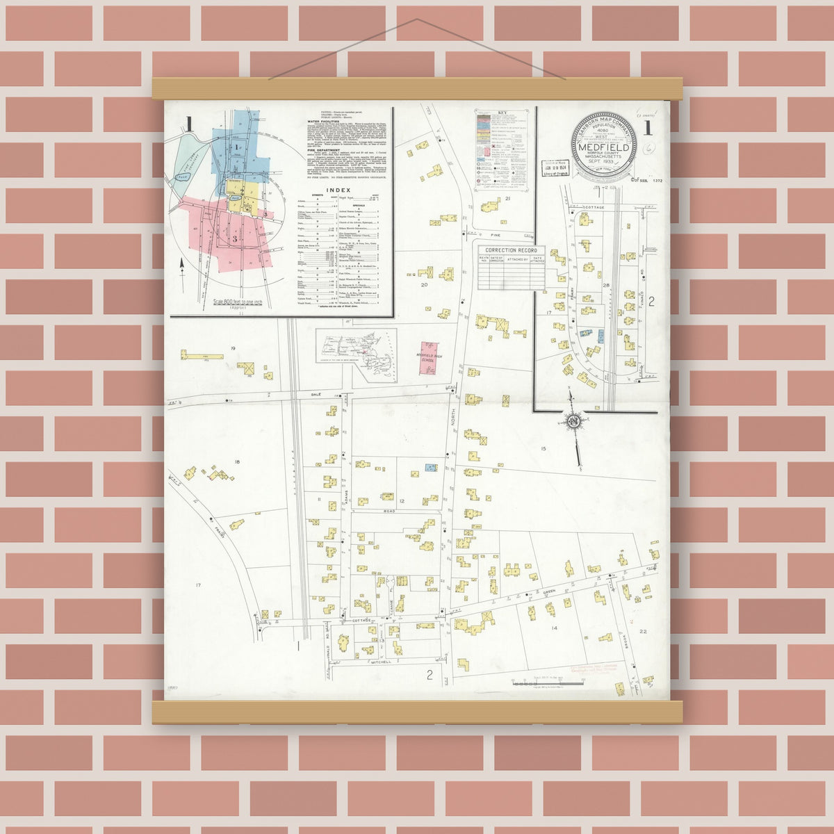 Old map wall art mockup — magnetic wood frame on brick wall — Sanborn Fire Insurance Map from Medfield, Norfolk County, Massachusetts (1933) - Complete Map Set