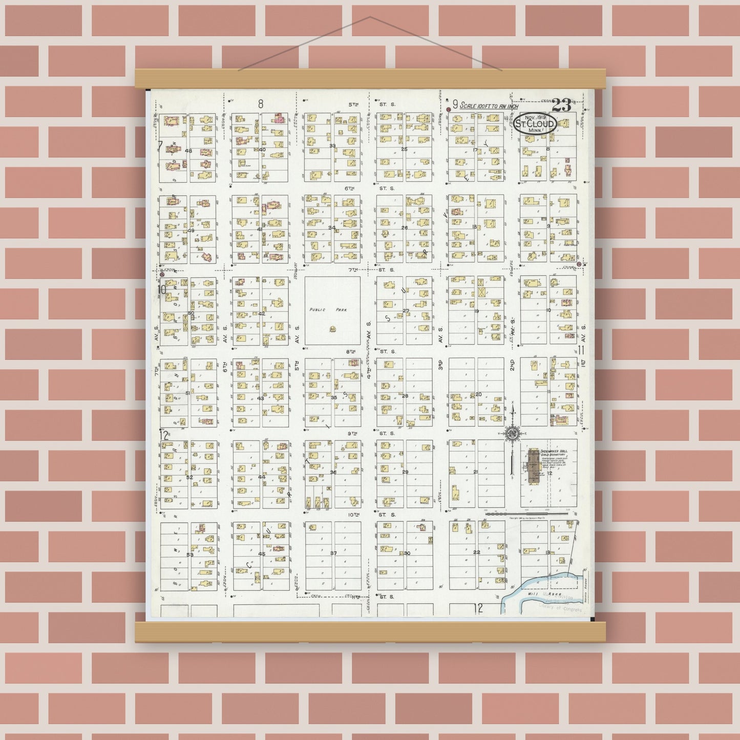 Old map wall art mockup — magnetic wood frame on brick wall — Sanborn Fire Insurance Map from Saint Cloud, Stearns, Benton, and Sherburne Counties, Minnesota (1919), Sheet #0023